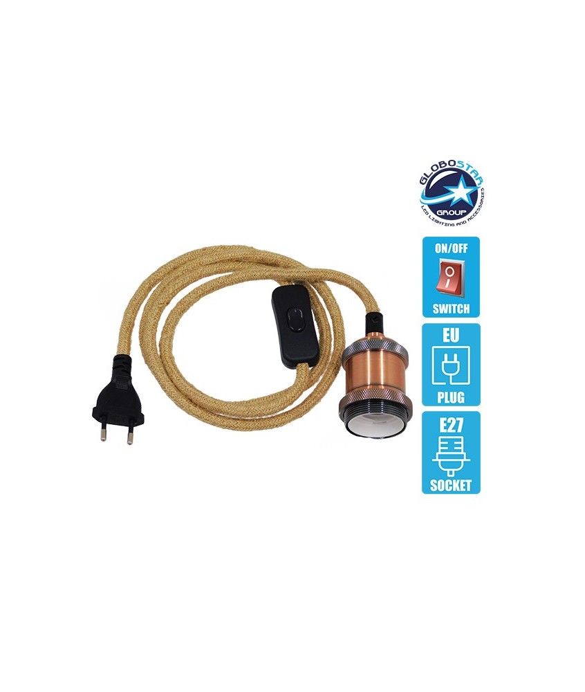 GLOBOSTAR® WHIP 91043 Μοντέρνο DIY Φωτιστικό με Υφασμάτινο Καλώδιο, Ντουί 1 x E27, Διακόπτη On-Off & Πρίζα AC 220-240V IP20 - Μπεζ & Χάλκινο - Μ150 x Π4 x Υ4cm